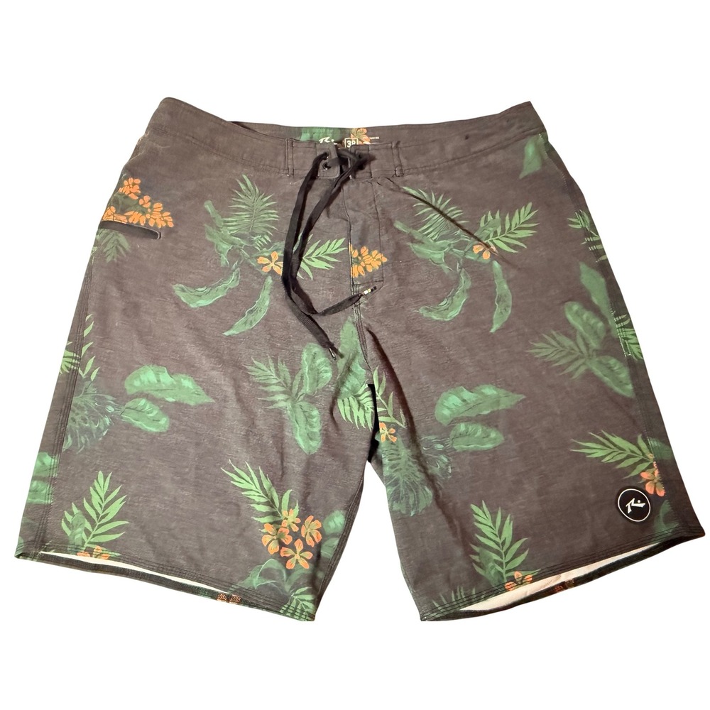 Rusty Mens Retro Board Shorts Size 38 Grey Tropical Palm 4-Way Stretch Surf